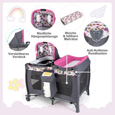 Дитяче ліжечко COSTWAY 5-в-1, дорожнє ліжечко з матрацом, дитяче дорожнє ліжечко, включаючи пеленальний килимок, дитячу колиску та музичний мобіль, колиску з колесами, дитяче ліжечко для немовлят до 36 місяців (рожева крапка) 106Д x 74Ш x 74В см рожевого 
