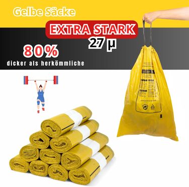 Надзвичайно міцний жовтий мішок 27 мкм, 5 рулонів жовтих мішків, 90 літрів, (найміцніший) - мішок для переробки, що відповідає вимогам DSD (5)