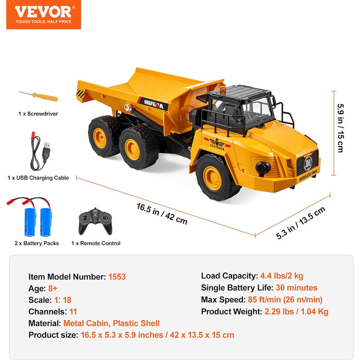 Самоскид на дистанційному управлінні VEVOR, 11-канальний самоскид на дистанційному управлінні 118, самоскид на дистанційному управлінні, іграшкова вантажівка з металевою платформою та світлом, 2 акумуляторні батареї для дітей віком від 8 років Супершвидки