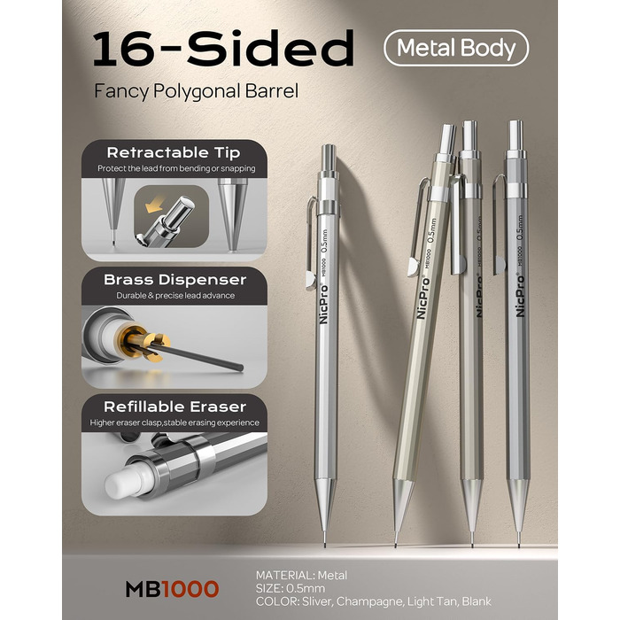 Набір механічних олівців Nicpro з 37 предметів, 8 олівців для малювання 0,5, 0,7, 0,9 та 2 мм, тримач для олівців для ескізів та малювання з 20 тюбиками (кольори 6B, 4B, 2B, HB, 2H, 4H), гумка для грифелів