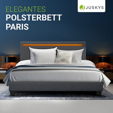 Ліжко Juskys Paris з м&39якою поверхнею 140x200 см зі світлодіодним освітленням, матрацом, рейковим каркасом та узголів&39ям - штучна шкіра та дерево - сіре - дитяче ліжко каркас ліжка темно-сірий 140 x 200 см