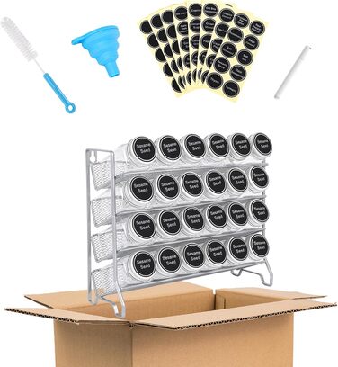 Стійка для спецій, металева кухонна полиця, вміщує багато банок для спецій, органайзер для спецій для кухонної шафи, 24 пластикові банки для спецій, 80 етикеток, лійка та крейдяний маркер (сріблясто-сірий), 4T