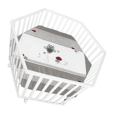 Сторонній манеж roba з вкладишем Adam & Owl - Ворота для повзання, регульована висота у 3 напрямках - Мобільний манеж на колесах - Дерево, білий / Adam & Owl, 6-