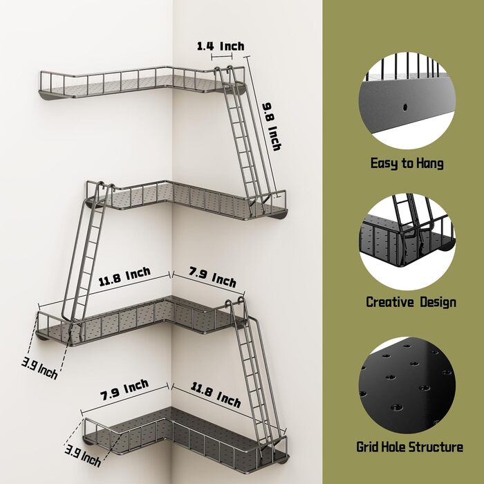 Настінна полиця для пожежної сходи сучасна 4-рівнева кутова настінна полиця, металева полиця-драбина для фігурок, декоративні полиці Нью-Йорк для вітальні, ванної кімнати та 4-рівнева настінна полиця для пожежної сходи A.black