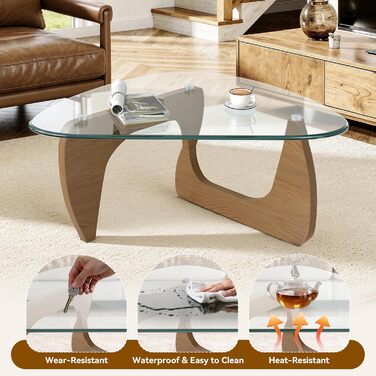 Трикутний журнальний столик, журнальний столик з дерева та загартованого скла з дерев&39яною рамою, сучасні скляні журнальні столики, вінтажні вбудовані столики для вітальні, офісу, колір натурального дерева, маленький 80*48*40 см, колір натурального дере