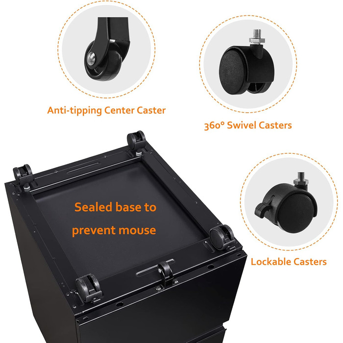 Мобільна шафа для документів, що замикається, офісна шафа, металева шафа, картотечна шафа, шафа для зберігання речей, бічна шафа, шафа з шухлядами, офісний комод для документів, 39 x 50 x 62 см, чорний, 3 шухляди