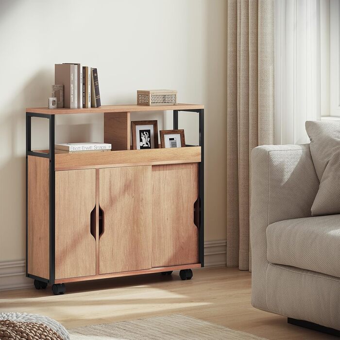 Шафка для ванної кімнати EUGAD, вузька нішева шафка, шафка для ванної кімнати з 2 відкритими відділеннями, регульована полиця, розсувні дверцята, нішева полиця з колесами, 70x70x20 см, чорний світлий дуб E1-MDF метал 70x20x70 см