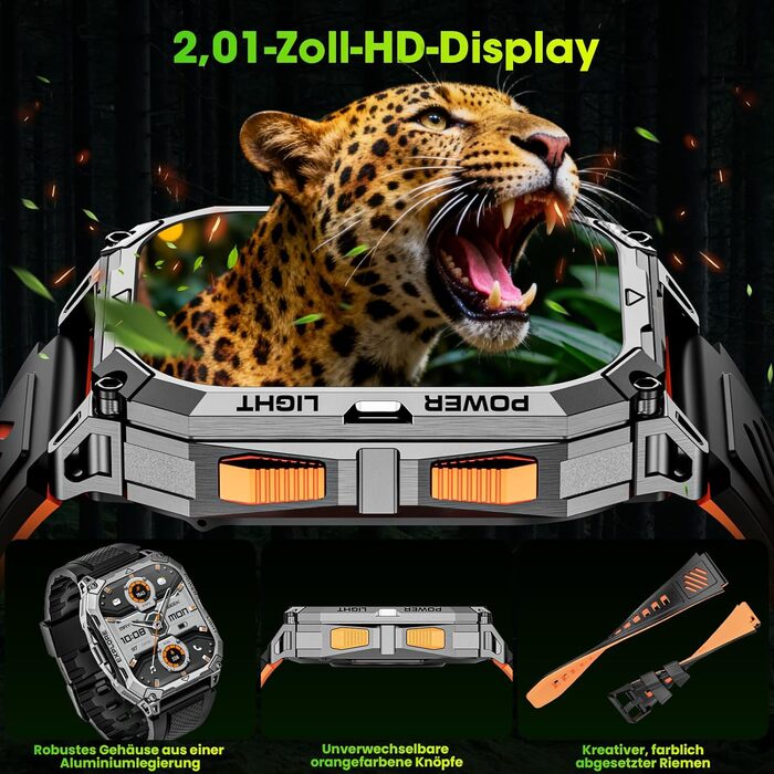 Чоловічий смарт-годинник, 2.01-дюймовий HD смарт-годинник із тривалим часом роботи батареї 1000 мАг, 114 спортивних режимів, фітнес-годинник у військовому стилі з датчиком серцевого ритму/крокоміром/монітором сну/ліхтариком, сумісний з Android iOS, помара