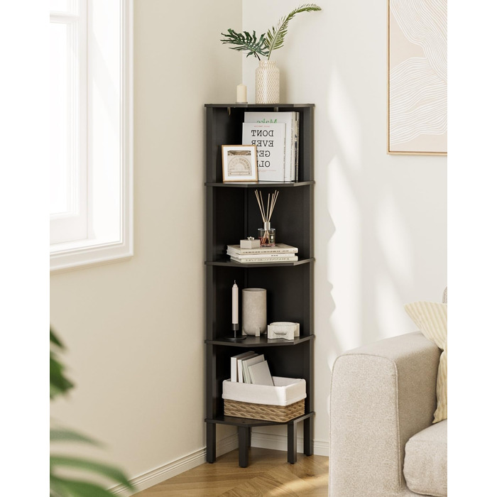 Кутова полиця, кутова книжкова полиця з 5 полицями, полиця для рослин, полиця для зберігання речей у вітальні, офісі, спальні, 127x29x29 см, чорна