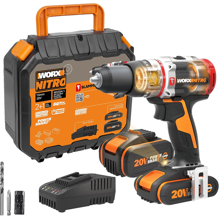 Акумуляторний ударний дриль WORX NITRO 18V (20V MAX) WX354.1, PowerShare PRO, ударний дриль, безщітковий двигун, 60 Нм, 2-ступінчасте регулювання швидкості, свердління залізобетону 10 мм, 1 х 2 Ач, 1 х 4 Ач WX354.1 (1х2.0 Ач 1х4.0 Ач)