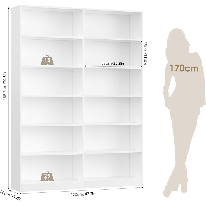 Книжкова полиця FirFurd з 12 відділеннями, книжкова шафа, окремостояча полиця, полиця для зберігання речей для вітальні, офісу, кухні, 120 x 30 x 188,7 см, білий