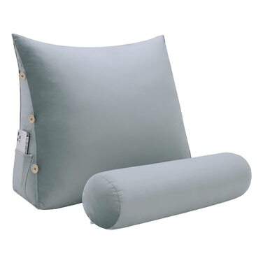 Подушка для спини Johnear зі знімним валиком для шиї, м&39яка оксамитова подушка для шиї, подушка для дивана, подушка для книги, подушка для читання, трикутна клиноподібна подушка, підтримка шиї (сіра, 60 см) Оксамитова сіра подушка для шиї 60 x 22 x 50 с