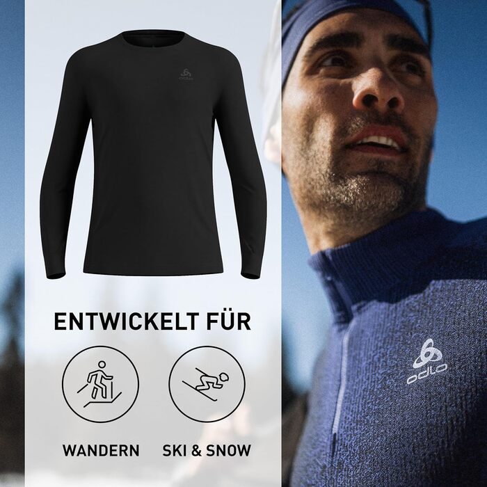 Термобілизна Odlo з мериносової вовни для чоловіків 200 Білизна з мериносової вовни Термосорочка з довгими рукавами Термосорочка з довгими рукавами та круглим вирізом Чоловіча, чорного кольору, XL