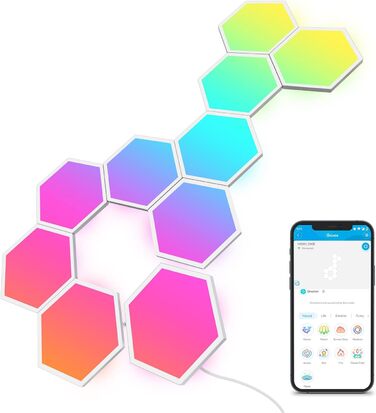 Працює з Alexa, Google Assistant, Creative Decorative Wi-Fi, Music Sync for Gaming Lighting & Room Decoration, 10 RGBIC Smart Wall Light