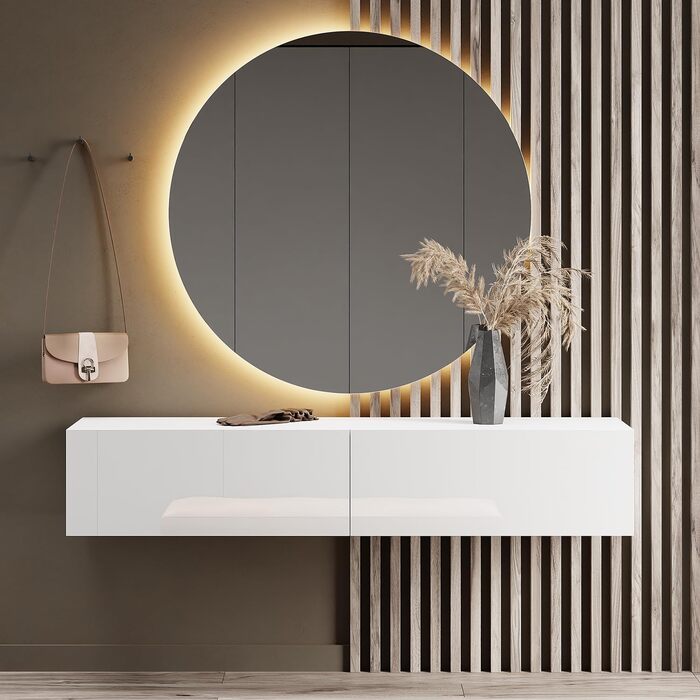Вішалка для передпокою Planetmbel 160 см вкл. дзеркало кругле з підсвічуванням 100 см, біла, меблі для передпокою з дзеркалом, 37,