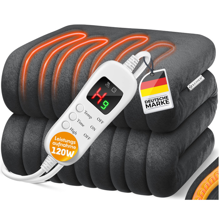 Плед з підігрівом KESSER Plush 180x130 см сірого кольору, сертифікований TV SD GS Електричний ковдр з підігрівом, таймером та автоматичним вимкненням Затишний плед 7 температурних режимів Можна прати до 40C Цифровий дисплей 180 x 130 см антрацитового коль