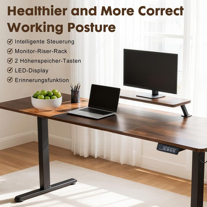 Стіл з регульованою висотою 120 x 60 см, Електричний стіл з регульованою висотою, Ігровий стіл з підставкою для монітора, Стіл для роботи стоячи, Регульований комп&39ютерний стіл, Коричневий