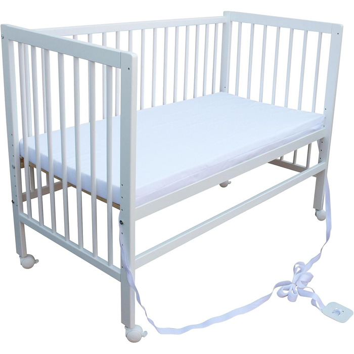 Дитяче ліжко - тумбочка - ліжко-трансформер 120x60 см з ременем, колесами та матрацом (біле з матрацом)