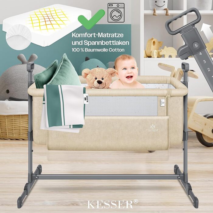Дитяче ліжечко KESSER Hubi 3в1 для подорожей з м'яким матрацом, на коліщатках, 5-позиційне регулювання висоти, складна бічна стінк