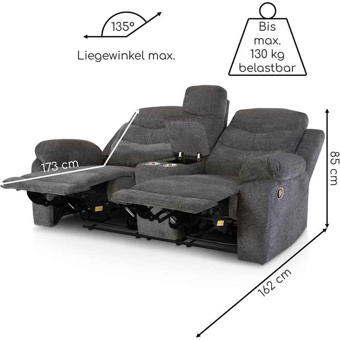 Крісло для кіно Raburg, 2-місне крісло для телевізора з механічною функцією розслаблення та відкидання, легким підйомом, підстаканником, відділенням для закусок, комфортною підкладкою, вантажопідйомністю 130 кг на сидіння Pixx, мікрофібра Темно-сірий Темн