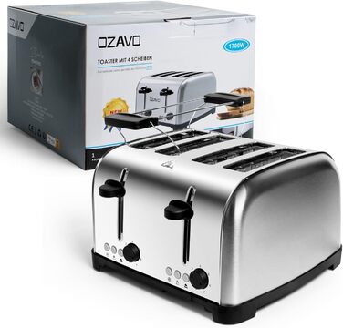 Тостер OZAVO 4 скибочки, насадка для булочок, 7 рівнів підсмажування, функція центрування, зі знімним піддоном для крихт, корпус з