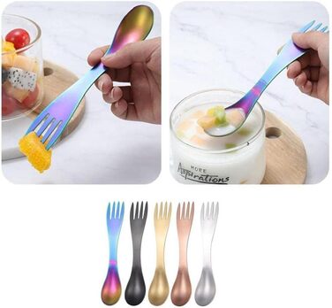 Набір із 5 виделок та ложок 2-в-1, портативний кухонний посуд із нержавіючої сталі для кемпінгу, подорожей, пікніків, офісу та використання на свіжому повітрі