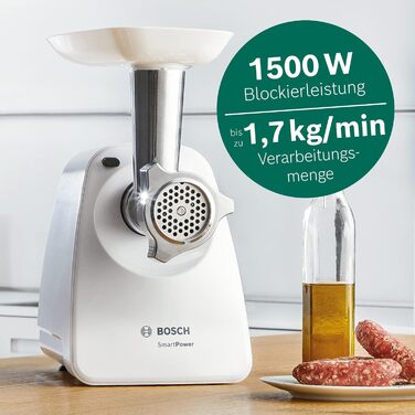 М'ясорубка Bosch SmartPower MFW2500W, електрична, маленька, компактна, одноступінчаста, потужна, 1 перфорований диск з нержавіючої