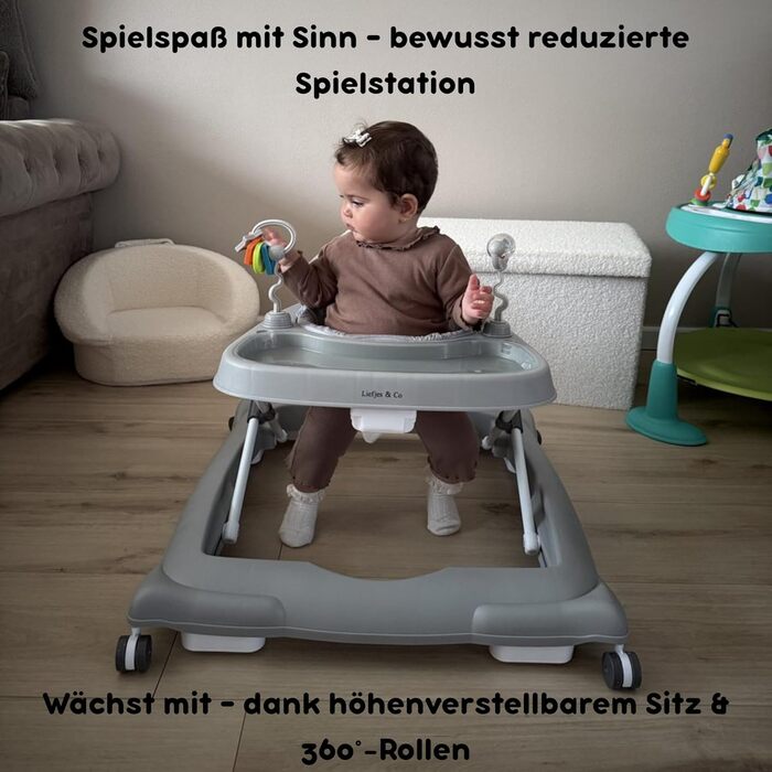 Дитячі ходунки Liefjes & Co з колесами на 360, ігровою приставкою та іграшками регульовані по висоті, складні, з високою спинкою дитячі ходунки (сірі)