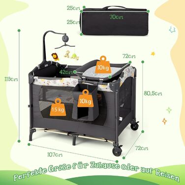 Складане дорожнє ліжечко FANTASK 4-в-1, вантажопідйомність 15 кг, приліжкове ліжечко з сумкою для перенесення, 2-рівневе дитяче ліжечко з регулюванням висоти, матрац та музичний мобіль, пеленальний столик та манеж, мобільна колиска