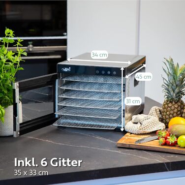 Дегідратор Vita5 з 6 дегідраторами з нержавіючої сталі - Дегідратор 0,7 м Дегідратор з регулятором температури (35-75 C) - сушіння фруктів, овочів, м'яса - 650 Вт 24 години Таймер Світлодіодний дисплей - Дегідратор їжі 6 рівнів срібла