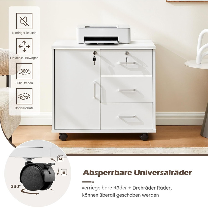 Шафа для файлів TUKAILAI на колесах із замком, мобільна шафа для документів із 3 шухлядами та відділенням, 4 коліщатка, шафа з шухлядами для офісу та домашнього офісу, біла