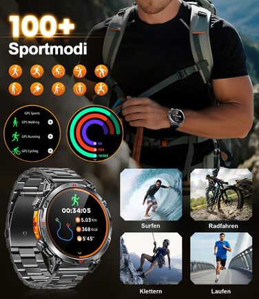 Військовий смарт-годинник для чоловіків, спортивний GPS-годинник з 1,6-дюймовим AMOLED HD-дисплеєм, функціями телефону/чату/GPT/AI/5 спортивних режимів GPS/100 спортивних режимів, фітнес-годинник для Android та iOS (чорний)