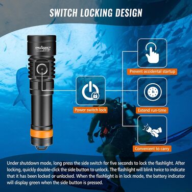 Ліхтар для дайвінгу ORCATORCH D710V MK2, ліхтарик для дайвінгу 2300 люмен з білим УФ червоним світлом для відеозйомки, водонепроникний світлодіодний ліхтарик IP68 для підводних занурень на 150 м, нічних занурень, дайвінгу на затонулих суднах, кемпінгу