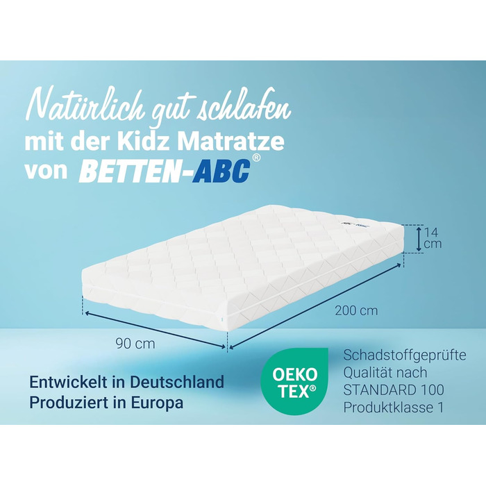 Ліжко ABC - Матрац для дітей та підлітків - 90x200 см - Спеціальний рівень жорсткості та сертифікація Oeko-TEX - Оптимальна гігієна завдяки знімному та пральному поліестеровому чохлу - Доставка посилкою Білий 90 x 200 см