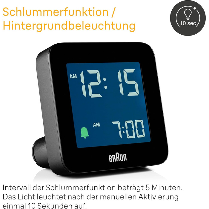 Цифровий будильник Braun з функцією повтору, негативним РК-дисплеєм, функцією швидкого налаштування, будильником Crescendo чорного кольору, модель BC09B. 1 упаковка