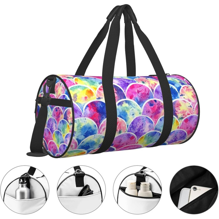 Спортивна сумка-мішок для подорожей, барвистий дизайн Райдуга та принт Русалка, чорний колір, універсальний розмір, дорожня сумка