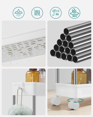 Візок, кухонний візок з 4 рівнями, кухонна полиця, полиця в нішу, з 6 гачками, поворотні колеса на 360, замикається, сталева рама,