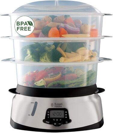 Пароварка Russell Hobbs велика 10,5 л (цифровий дисплей програмований таймер, 3 контейнери для пароварки, які можна мити в посудомийній машині миска для рису / рисоварка 8 тримачів для яєць / яйцеварка, без BPA) 23560-56