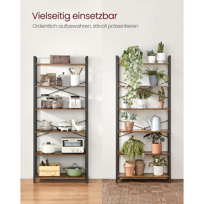 Полиця, книжкова шафа, полиця для стоячого монтажу, полиця для DVD, з 6 полицями, офісна полиця, відкриті полиці, для офісу, вітальні, спальні, кухні, 30 x 78 x 185,5 см, вінтажний коричневий-чорний LLS082B01 30 x 80 x 186 см Вінтажний коричневий чорний