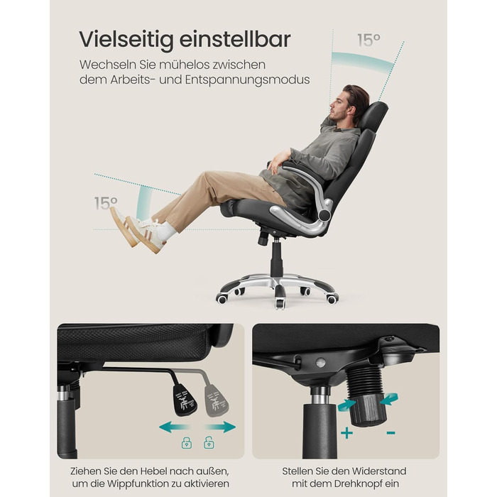 Офісне крісло SONGMICS, ігрове крісло, регульований підголівник, функція гойдання, письмове крісло, регульовані підлокітники, універсальні колеса, регульована висота, чорний колір OBG65BK