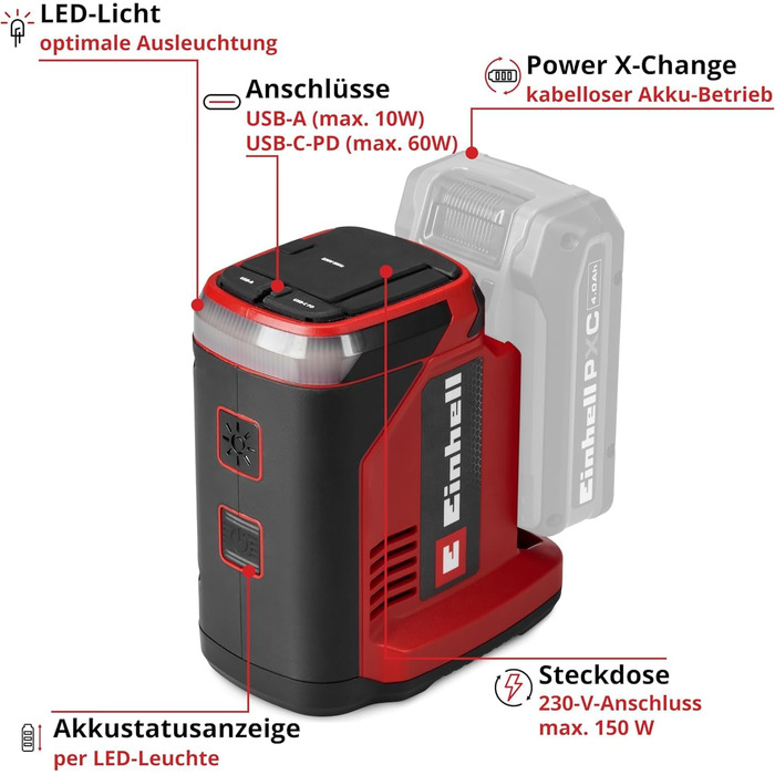 Акумуляторна зарядна станція Einhell TC-ES 18/150/1 Li-Solo Power X-Change (18 В, компактний інвертор, підключення 230 В, порт USB-A та USB-C для заряджання, без акумулятора)