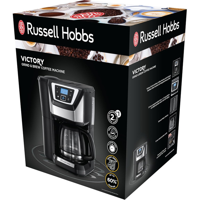 Кавоварка Russell Hobbs з кавомолкою цифровий таймер, душова лійка для оптимальної екстракції та аромату Victory (макс. 12 чашок, скляний глечик 1,5 л, регулювання помелу) Кавоварка з фільтром 22000-56/RH