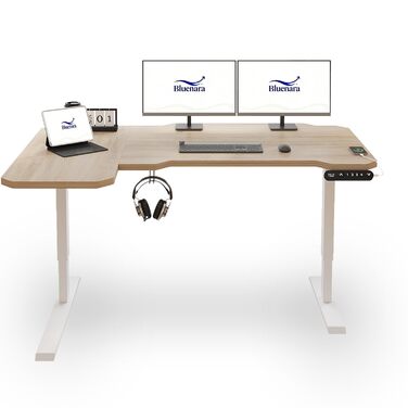 Електричне регулювання висоти письмового столу, L-подібний стіл 150 см для роботи сидячи та стоячи з 4 налаштуваннями пам&39яті, стільниця зі зрощеного світлого дуба, регульований по висоті стіл для домашнього офісу 150x78 світлий дуб