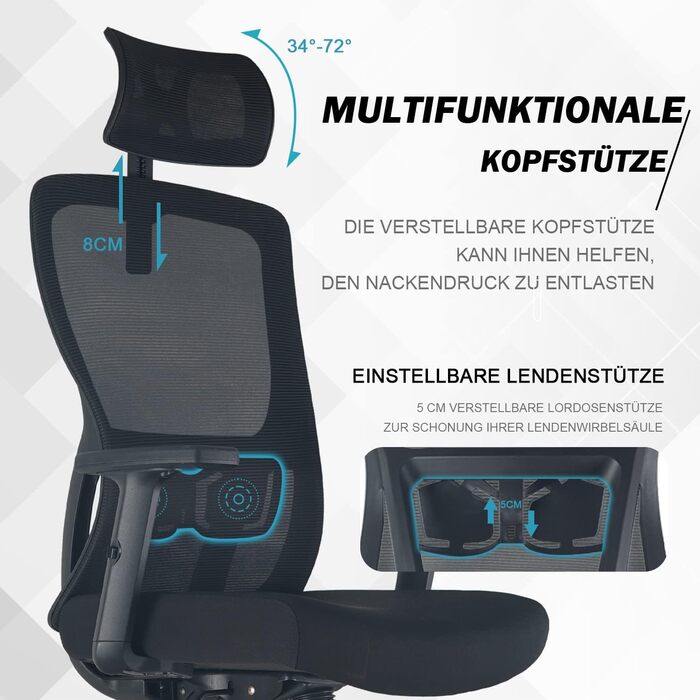 Ергономічне офісне крісло, стілець для роботи, офісне крісло з підголівником, підлокітниками, поперековою опорою, регулюванням висоти, гойданням 90-120, обертовим кріслом, вантажопідйомність 150 кг 01