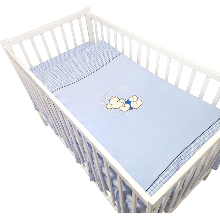 Предметний комплект дитячого ліжечка/ліжечка та постільної білизни Happy Leo, включаючи матрац, регульована висота для новонароджених, немовлят та малюків, виготовлений з масиву дерева, вишитий (Teddy Bear Moon Blue), 13-