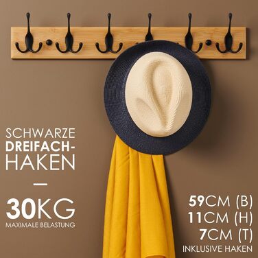 Гачки для одягу дерево - вішалка дерев'яна з 6 гачками чорного кольору - 59 см - гачки для одягу настінні - настінна вішалка для п