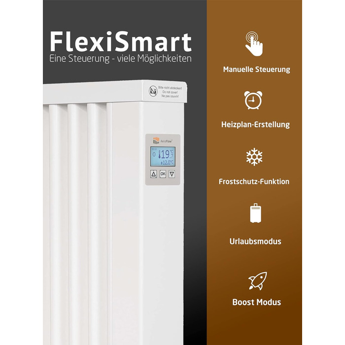 Електричний обігрівач AeroFlow MINI 650 з вогнетривким осердям, контролер FlexiSmart з дисплеєм, додатковий електричний обігрівач, заміна нічного акумуляційного обігрівача, електричний радіаторний обігрівач