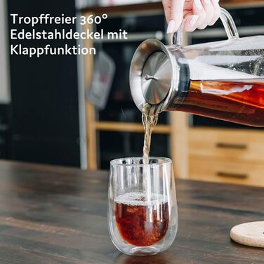 Кавоварка 3-в-1 buntfink MultiPitcher для холодного заварювання кави Графин скляний 1,5 л Графин для води з кришкою з нержавіючої сталі Кавоварка для холодного заварювання кави та чаю Без пластику