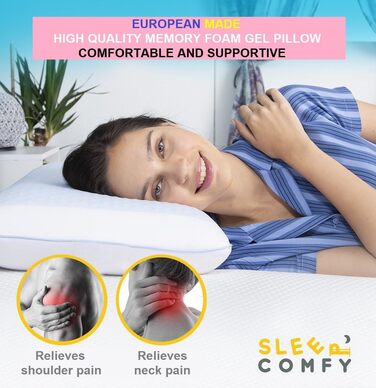 Подушка SLEEP COMFY преміум-класу з гелевої піни з ефектом пам&39яті ортопедична підтримка шиї, сертифікована Oeko-Tex, технологія охолоджувального гелю для всіх положень сну (комфорт влітку та взимку) з ефектом пам&39яті 60x40x13