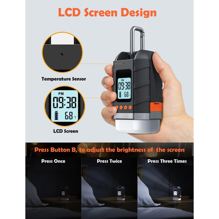 Акумуляторний зовнішній акумулятор для кемпінгового ліхтаря LED 15000 мАг з РК-дисплеєм, 4 режими, димер, відображення часу та температури, підходить для наметів, водонепроникний 2